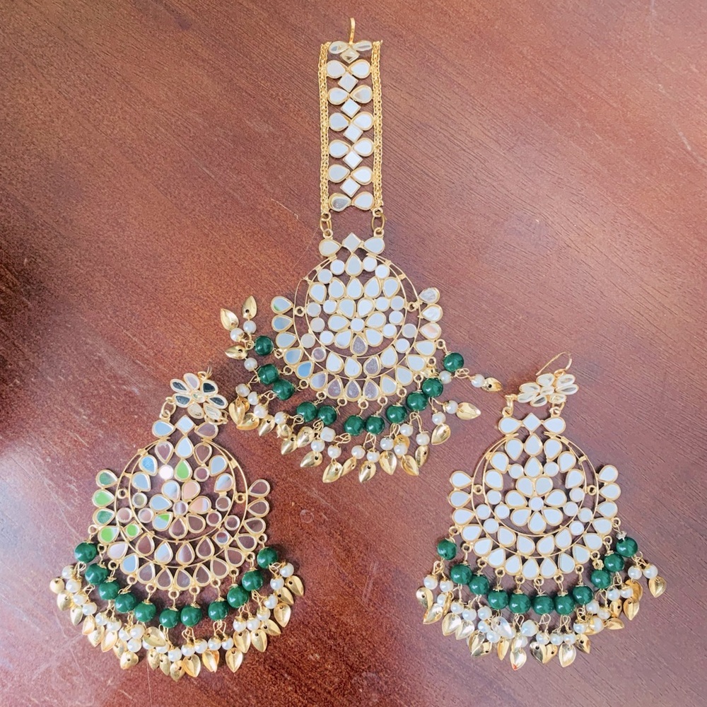 Jewelry Set Earrings Tika Headpiece Indian Bollywood Mirror Work Kundan Bead - Picture 8 of 8